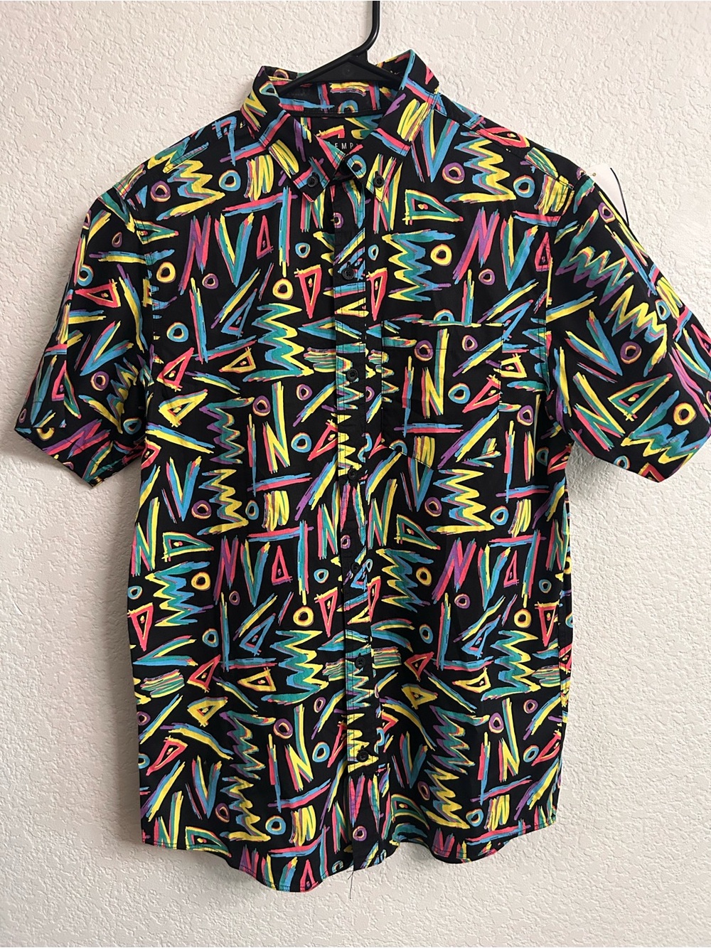 Empyre Black Short-Sleeve Button-Up with Neon Geometric Print